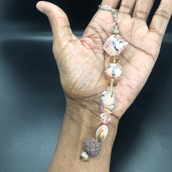 Blush Pink & Black Swirl Handmade Keychain | Single Strand Beaded Bag Charm - Picture 4 of 16